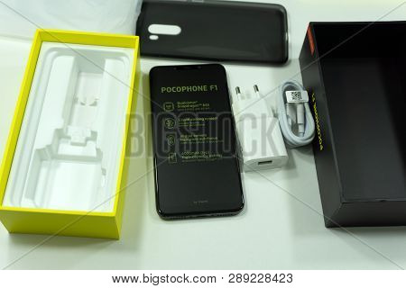 Russia Berezniki 27 October 2018 : Unboxing Xiaomi Pocophone F1 Android Smartphone