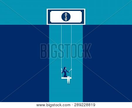 Businesswoman On Swing Dangling From Dollar Sign. Concept Business Vector.