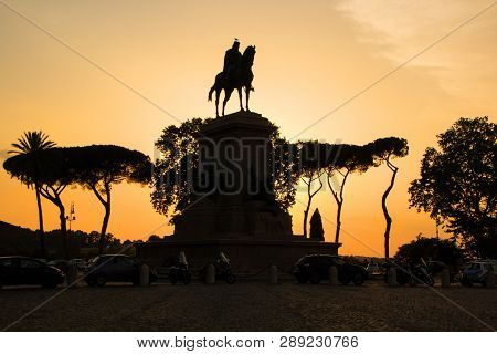 Garibaldi Equestrian Monument, Beautiful Evening Sunset. Janiculum Hill, Rome, Italy. Golden Evening