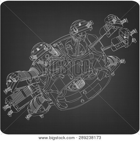Disassembled Radial Engine On A Gray Background. Drawing
