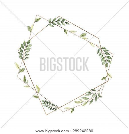 Hand Drawn Watercolor Illustration. Botanical Frame With Eucalyptus, Branches, Fern And Leaves. Gree