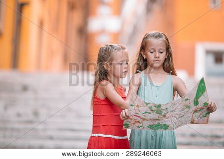 Happy Toodler Kids Enjoy Italian Vacation Holiday In Europe.