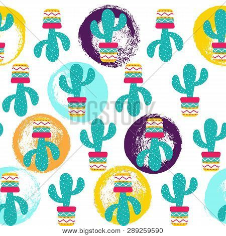 Seamless Pattern Of Cactuses Succulents With Nice Pot In Flat Style. Editable Elements, Icons For Cl