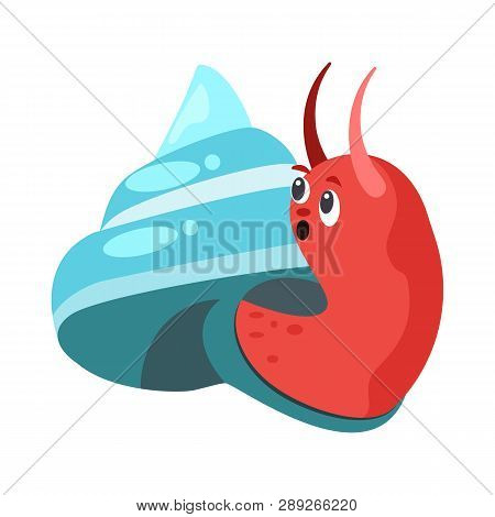 Cartoon Snail With Blue Shell Flat Icon. Shellfish, Slug, Gastropod. Mollusk Concept. Vector Illustr