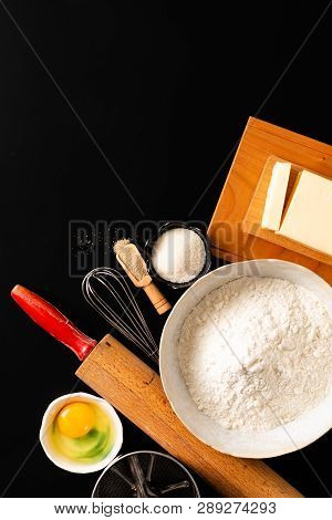 Food Preparation Concept Over Head Shot Kitchen Tools For Kneading Dough For Bakery, Pizza Or Pasta