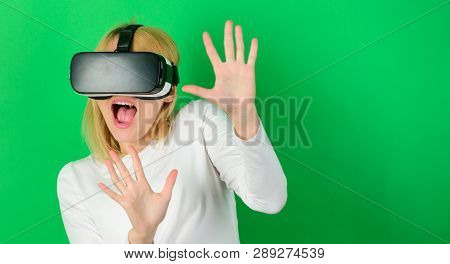 Funny Woman Experiencing 3d Gadget Technology - Close Up. Woman Using Virtual Reality Headset. Happy