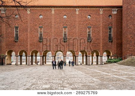 Stockholm, Sweden - March 15, 2016: Exterior Front View Of A Small Group Of People In Front Of Stads