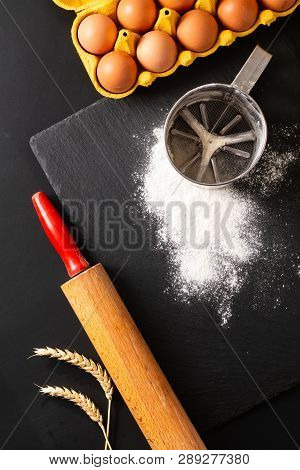 Food Preparation Concept Over Head Shot Kitchen Tools For Kneading Dough For Bakery, Pizza Or Pasta
