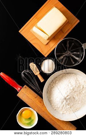 Food Preparation Concept Over Head Shot Kitchen Tools For Kneading Dough For Bakery, Pizza Or Pasta