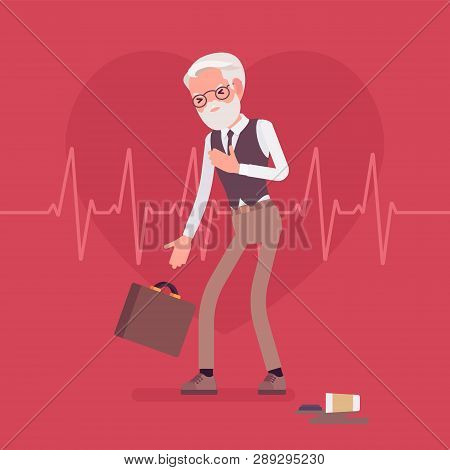 Heart Attack Male Symptoms. Senior Man Has A Sudden Great Pain, Aching Sensation In Chest, Serious M