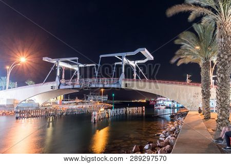 Eilat, Israel - February 9, 2019: Night View Of Moshe Kol Memorial Bridge.