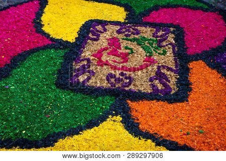 Sawdust Alfombra With Flower Design For Semana Santa, Antigua, Guatemala
