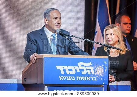 Tel Aviv, Israel. March 17, 2015. Prime Minister Of Israel Benjamin Netanyahu With His Spouse Sara N