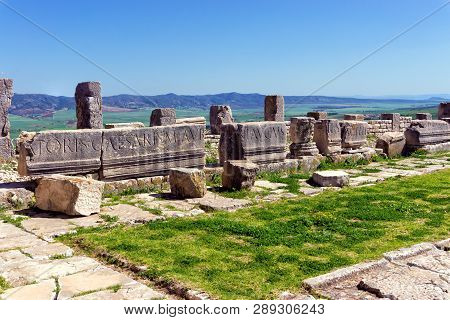 Remains Of Columns In The Ancient Roman Ruins Of Dougga, Tunisia