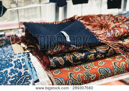 London, Uk - December 18, 2018: Close Up Of A Stack Of Paisley Scarves On The Window Display Of Peck