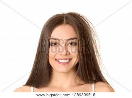 Happy Woman Before And After Hair Treatment On White Background