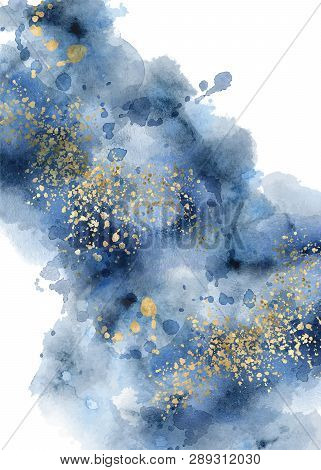 Watercolor Abstract Aquamarine, Background, Hand Drawn Watercolour Blue And Gold Texture Vector Illu