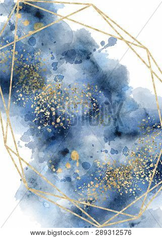 Watercolor Abstract Aquamarine, Background, Hand Drawn Watercolour Blue And Gold Texture Vector Illu