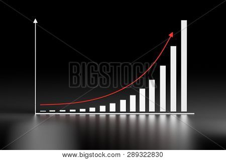 Illustration With Exponential Growth Chart And Red Arrow On Dark Black Background. 3d Illustration.