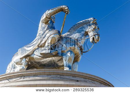 Tsonjin Boldog, Mongolia - September 14, 2018: The Giant Genghis Khan Equestrian Statue Is Part Of T