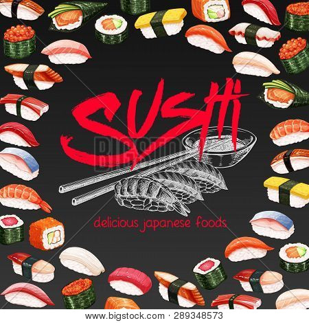 Vector Layout Design Japanese Sushi Roll For Asian Cuisine Promotion Template.