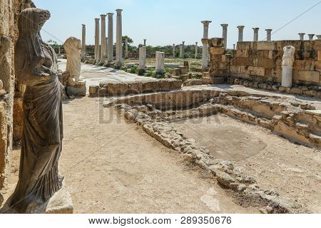 Famagusta, Turkish Republic Of Northern Cyprus. Corinthian Columns And Sculptures At Bath Complex In