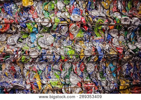 Obrenovac, Serbia - September 9th 2016: Crushed Aluminum Cans Lie In A Heap At An Undisclosed Recycl