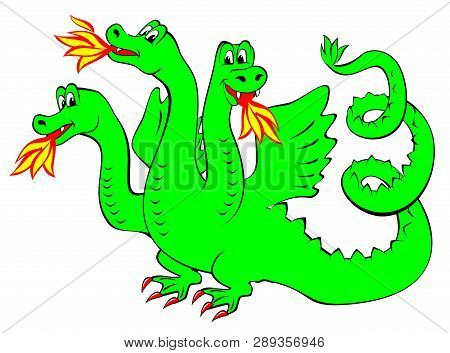 Illustration Of Funny Green Dragon, Vector Cartoon Image.