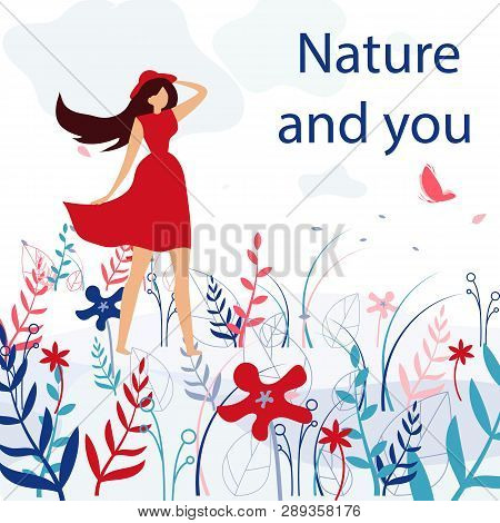 Square Flat Banner Nature And You Happy Tandem. Vector Illustration On White Background. Beautiful Y