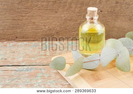 Oil And Eucalyptus Leaves On The Wooden Table - Eucalyptus Deglupta
