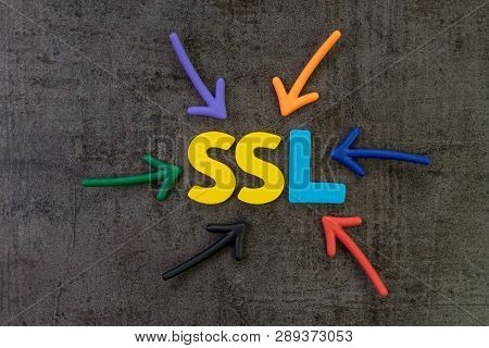 Ssl, Secure Sockets Layer Concept, Multi Color Arrows Pointing To The Word Ssl At The Center Of Blac