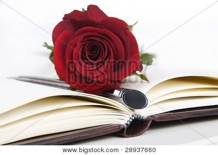 Linda rosa vermelha e a caneta sobre um livro clássico Nota