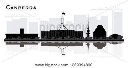 Canberra Australia City Skyline Silhouette with Black Buildings and Reflections Isolated on White. Tourism Concept with Historic Architecture. Canberra Cityscape with Landmarks.