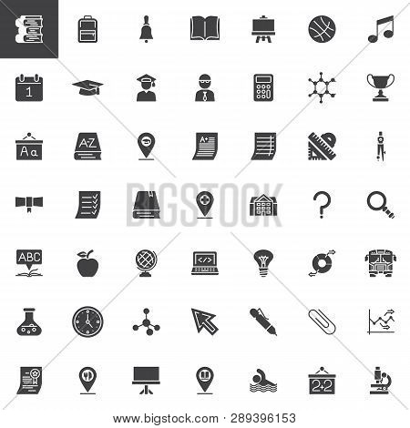 Education And School Vector Icons Set, Modern Solid Symbol Collection, Filled Style Pictogram Pack. 