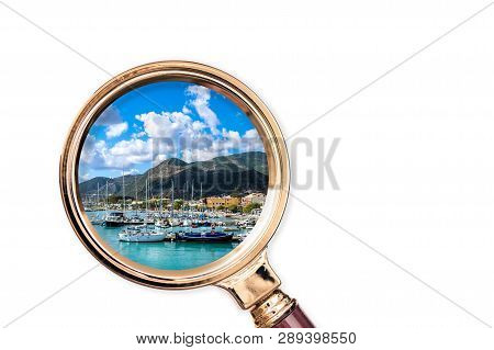 View Of The Greek Port Of Nidri In The Magnifying Glass. Creece. Conccept