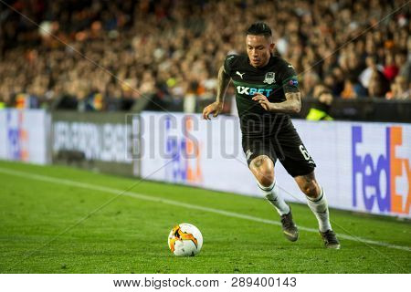 VALENCIA, SPAIN - MARCH 7: Cristian Ramirez during UEFA Europa League match between Valencia CF and FC Krasnodar at Mestalla Stadium on March 7, 2019 in Valencia, Spain