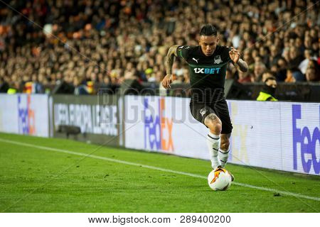 VALENCIA, SPAIN - MARCH 7: Cristian Ramirez during UEFA Europa League match between Valencia CF and FC Krasnodar at Mestalla Stadium on March 7, 2019 in Valencia, Spain