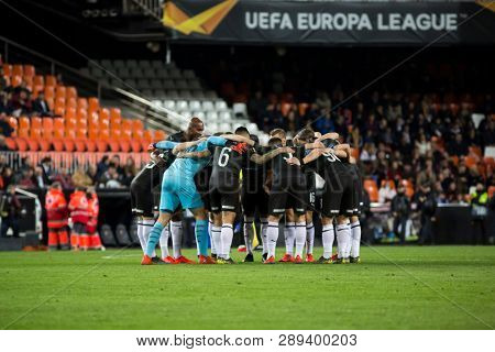 VALENCIA, SPAIN - MARCH 7: Krasnodar players during UEFA Europa League match between Valencia CF and FC Krasnodar at Mestalla Stadium on March 7, 2019 in Valencia, Spain