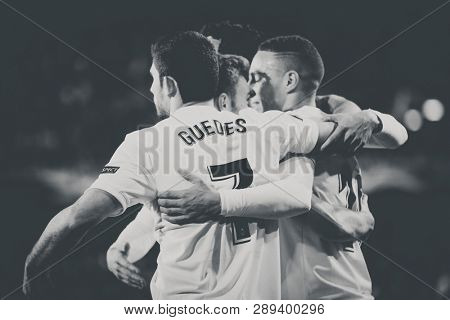 VALENCIA, SPAIN - MARCH 7: Valencia players celebrate a goal during UEFA Europa League match between Valencia CF and FC Krasnodar at Mestalla Stadium on March 7, 2019 in Valencia, Spain