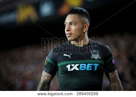 VALENCIA, SPAIN - MARCH 7: Cristian Ramirez during UEFA Europa League match between Valencia CF and FC Krasnodar at Mestalla Stadium on March 7, 2019 in Valencia, Spain