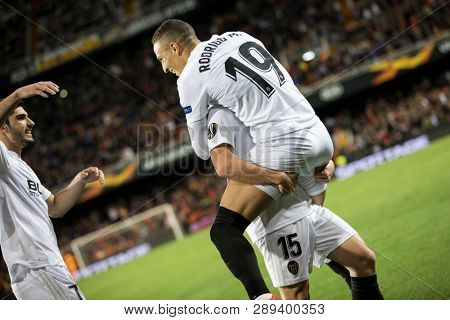 VALENCIA, SPAIN - MARCH 7: Valencia players celebrate a goal during UEFA Europa League match between Valencia CF and FC Krasnodar at Mestalla Stadium on March 7, 2019 in Valencia, Spain