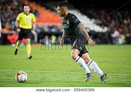 VALENCIA, SPAIN - MARCH 7: Cristian Ramirez during UEFA Europa League match between Valencia CF and FC Krasnodar at Mestalla Stadium on March 7, 2019 in Valencia, Spain