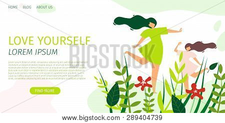 Horizontal Flat Banner Love Yourself Every Day. Vector Illustration On Background Blue Clouds. Young