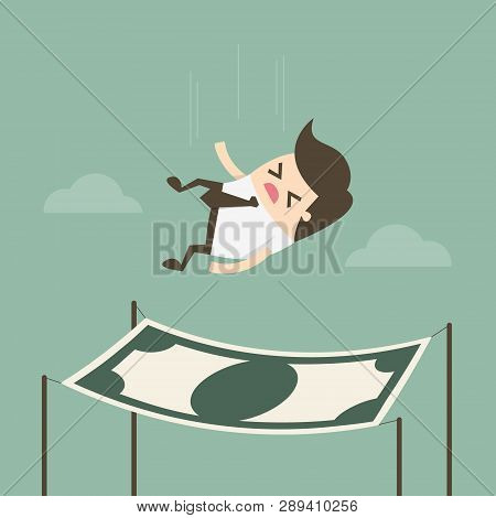 Businessman Falling Into A Financial Safety Net. Business Concept Cartoon Illustration.