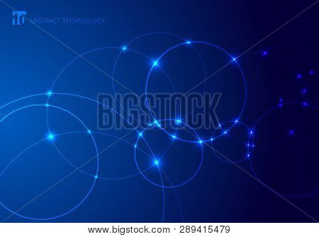 Abstract Circles And Dots With Overlapping On Blue Background Technology Style. Future Concept. Node