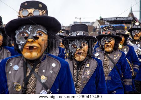 Basel, Switzerland - March 11, 2019: Participants At The Parade Of The Yearly Carnival Of Basel. The