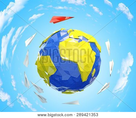 Paper Planes Flu Around Low Poly Earth.world Competition And Advantage Concept 3d Illustration