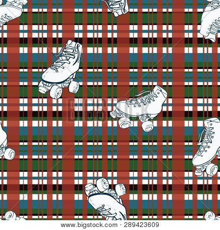 Vector Roller Skates On Christmas Checkered Seamless Pattern Background.