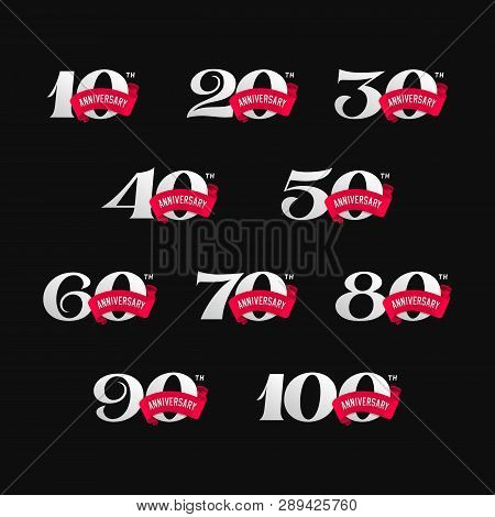 Set Of Anniversary Signs From 10 To 100. Numbers With Ribbons On Black Background. Stock Vector Sign