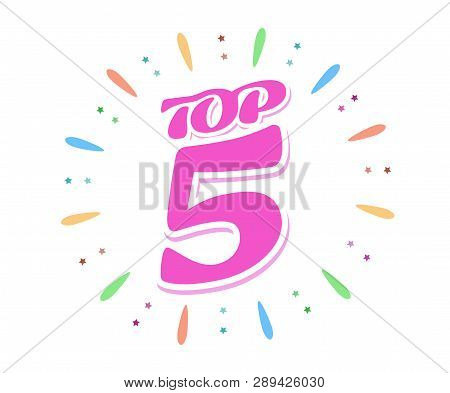 Top 5 Red Word Inside Fireworks On White Background. A Colored Volume Inscription.